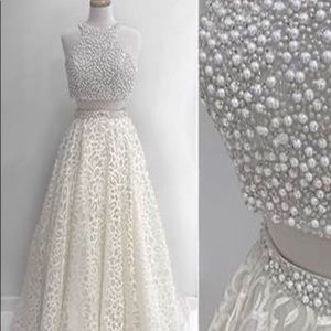 two piece white long prom dress